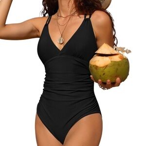 Charmo One Piece Swimsuit Women’s LARGE Tummy Control Ruched Strappy Black NEW